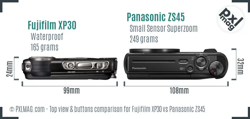Fujifilm XP30 vs Panasonic ZS45 top view buttons comparison