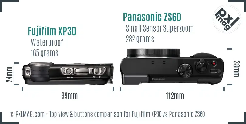 Fujifilm XP30 vs Panasonic ZS60 top view buttons comparison Fujifilm XP30 vs Panasonic ZS60 top view buttons comparison