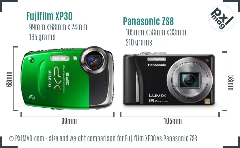 Fujifilm XP30 vs Panasonic ZS8 size comparison