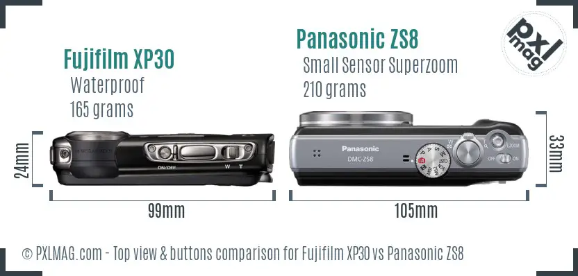 Fujifilm XP30 vs Panasonic ZS8 top view buttons comparison