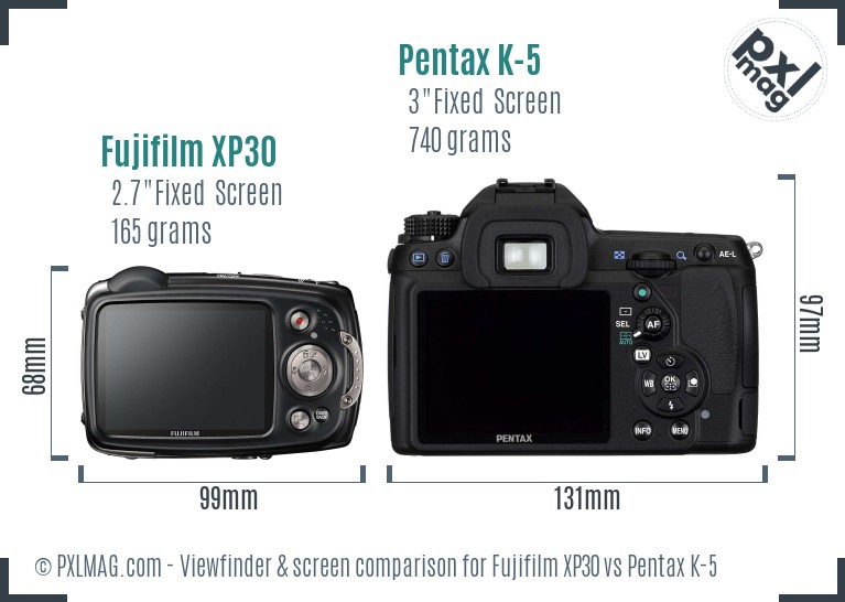 Fujifilm XP30 vs Pentax K-5 Screen and Viewfinder comparison