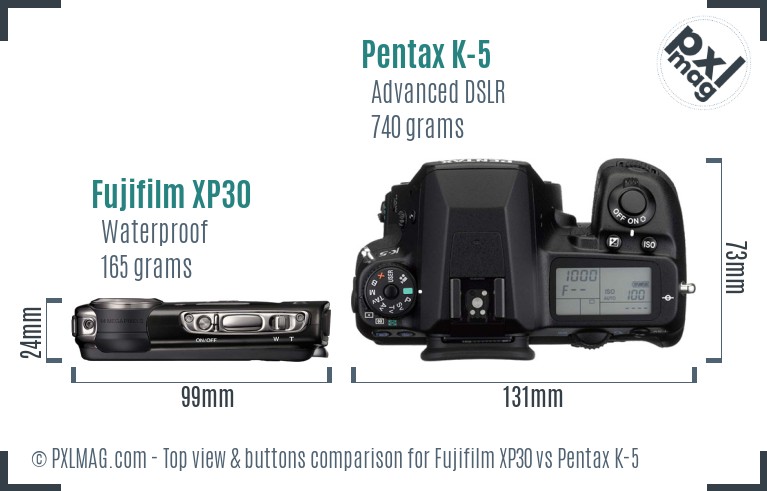 Fujifilm XP30 vs Pentax K-5 top view buttons comparison