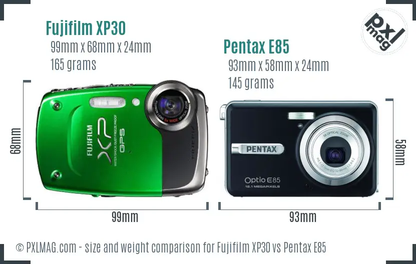 Fujifilm XP30 vs Pentax E85 size comparison