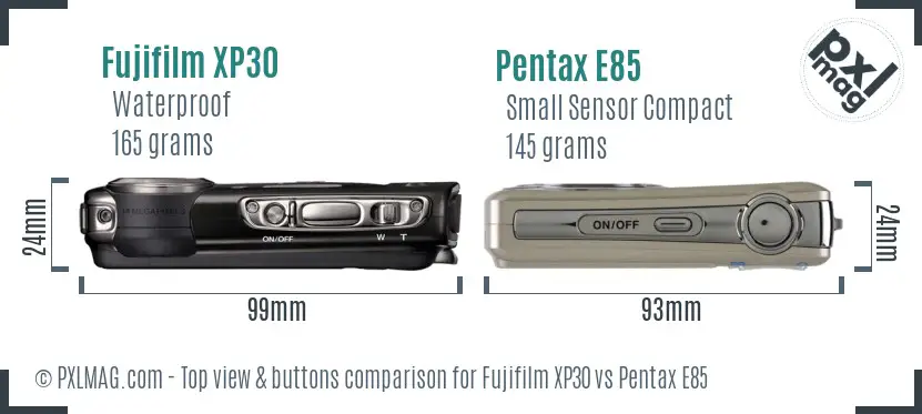 Fujifilm XP30 vs Pentax E85 top view buttons comparison