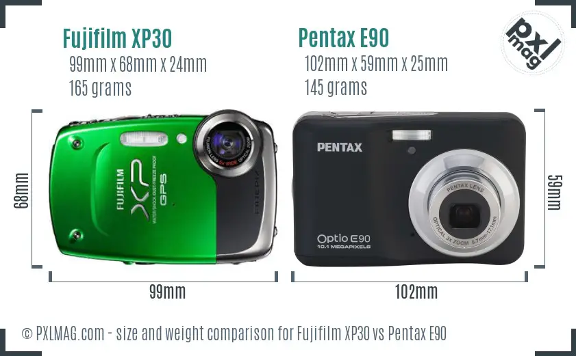 Fujifilm XP30 vs Pentax E90 size comparison