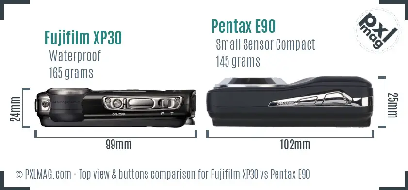 Fujifilm XP30 vs Pentax E90 top view buttons comparison