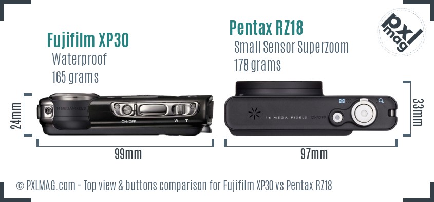 Fujifilm XP30 vs Pentax RZ18 top view buttons comparison