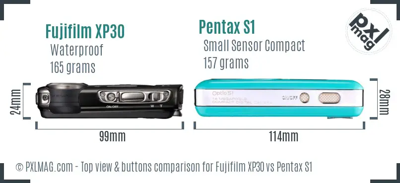 Fujifilm XP30 vs Pentax S1 top view buttons comparison
