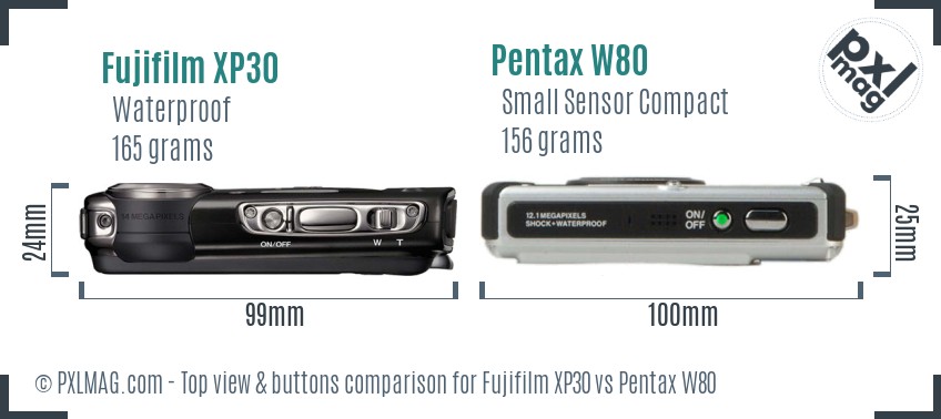 Fujifilm XP30 vs Pentax W80 top view buttons comparison
