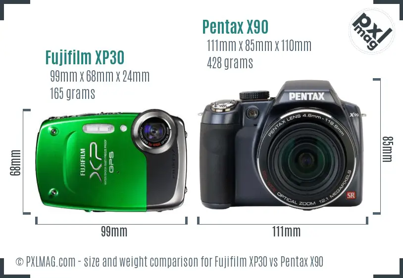 Fujifilm XP30 vs Pentax X90 size comparison Fujifilm XP30 vs Pentax X90 size comparison