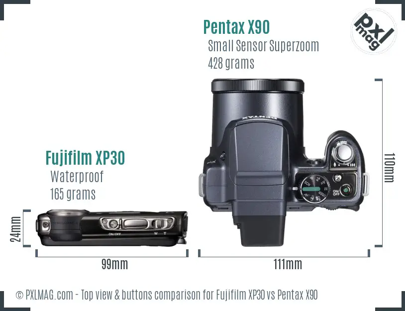 Fujifilm XP30 vs Pentax X90 top view buttons comparison Fujifilm XP30 vs Pentax X90 top view buttons comparison