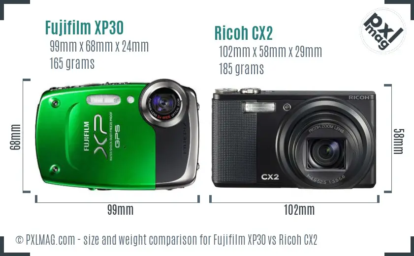 Fujifilm XP30 vs Ricoh CX2 size comparison