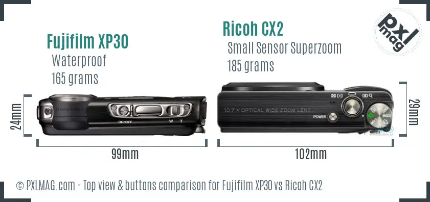Fujifilm XP30 vs Ricoh CX2 top view buttons comparison