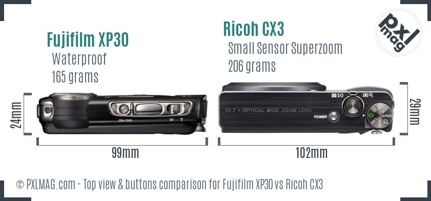 Fujifilm XP30 vs Ricoh CX3 top view buttons comparison