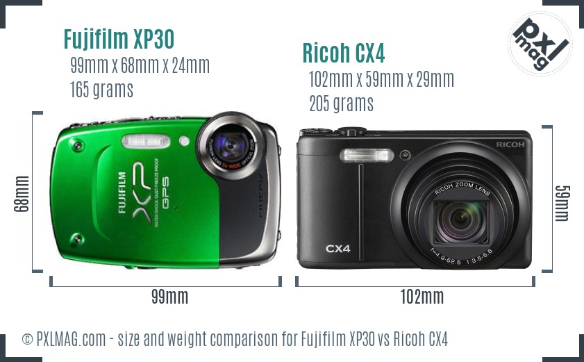 Fujifilm XP30 vs Ricoh CX4 size comparison