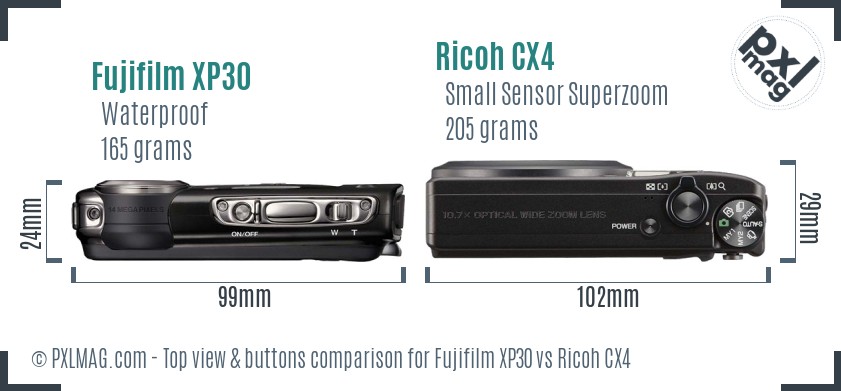 Fujifilm XP30 vs Ricoh CX4 top view buttons comparison