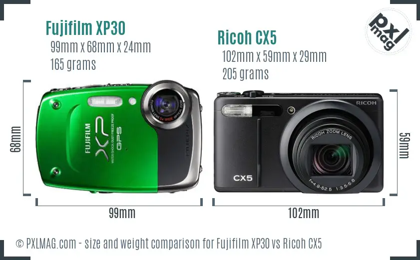 Fujifilm XP30 vs Ricoh CX5 size comparison