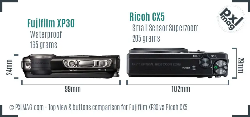 Fujifilm XP30 vs Ricoh CX5 top view buttons comparison