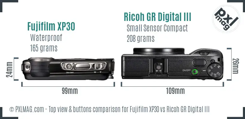 Fujifilm XP30 vs Ricoh GR Digital III top view buttons comparison Fujifilm XP30 vs Ricoh GR Digital III top view buttons comparison
