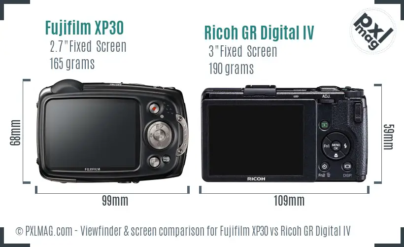 Fujifilm XP30 vs Ricoh GR Digital IV Screen and Viewfinder comparison