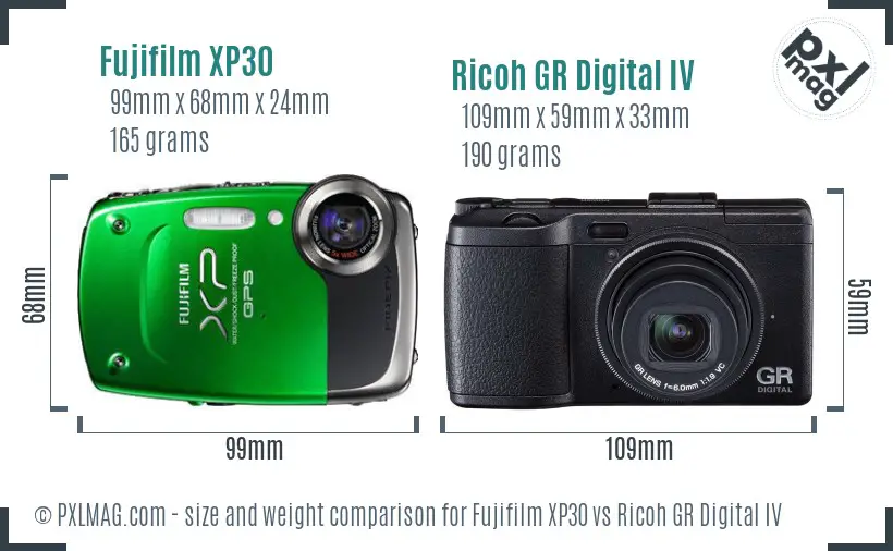 Fujifilm XP30 vs Ricoh GR Digital IV size comparison