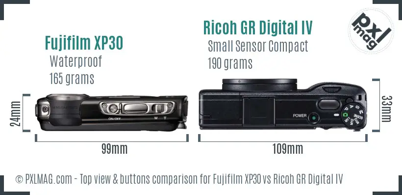 Fujifilm XP30 vs Ricoh GR Digital IV top view buttons comparison