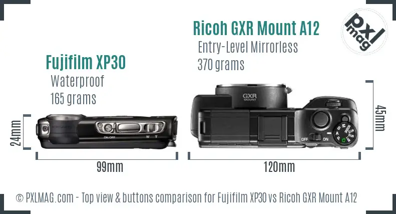 Fujifilm XP30 vs Ricoh GXR Mount A12 top view buttons comparison Fujifilm XP30 vs Ricoh GXR Mount A12 top view buttons comparison