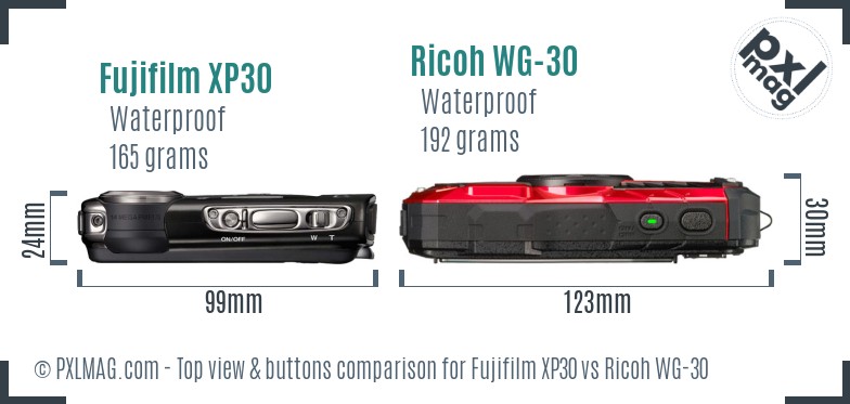 Fujifilm XP30 vs Ricoh WG-30 top view buttons comparison
