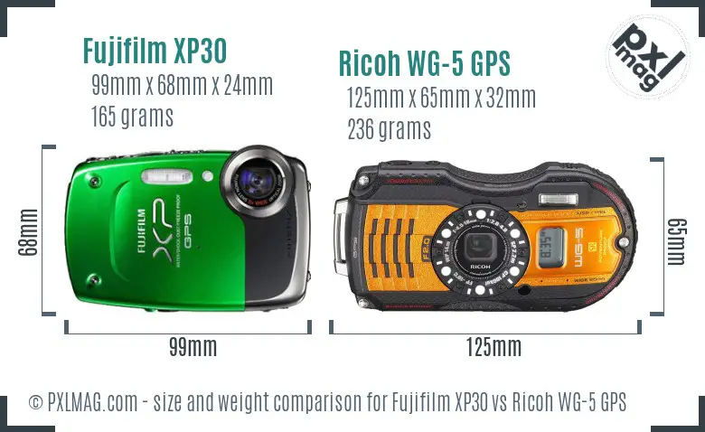 Fujifilm XP30 vs Ricoh WG-5 GPS size comparison