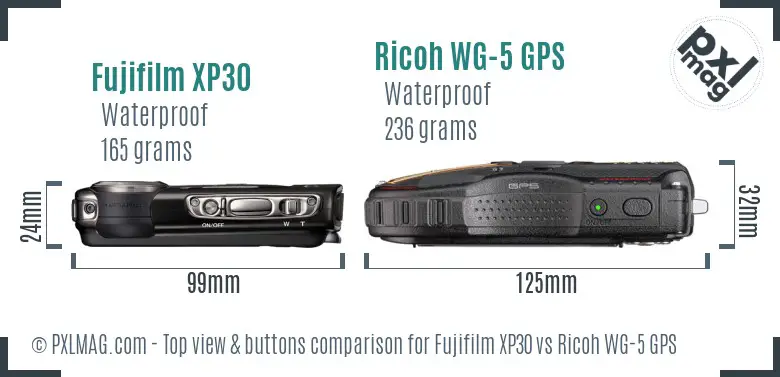 Fujifilm XP30 vs Ricoh WG-5 GPS top view buttons comparison