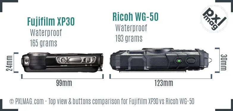 Fujifilm XP30 vs Ricoh WG-50 top view buttons comparison Fujifilm XP30 vs Ricoh WG-50 top view buttons comparison