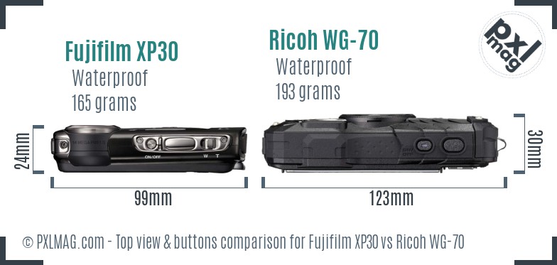 Fujifilm XP30 vs Ricoh WG-70 top view buttons comparison
