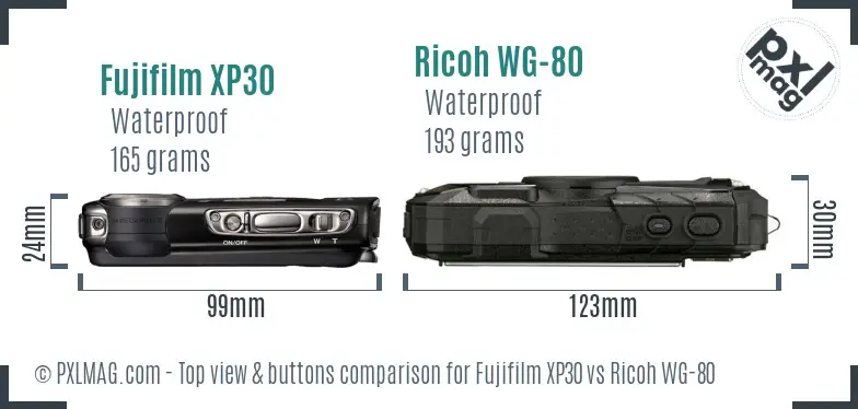 Fujifilm XP30 vs Ricoh WG-80 top view buttons comparison Fujifilm XP30 vs Ricoh WG-80 top view buttons comparison