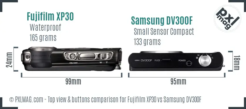 Fujifilm XP30 vs Samsung DV300F top view buttons comparison