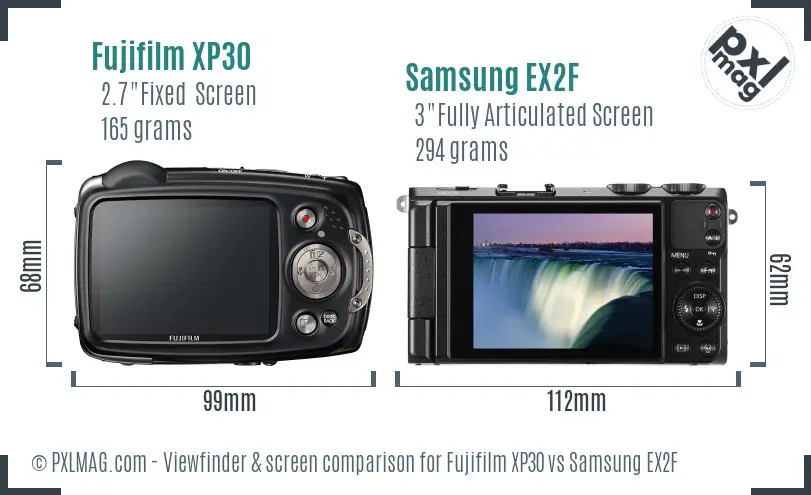 Fujifilm XP30 vs Samsung EX2F Screen and Viewfinder comparison