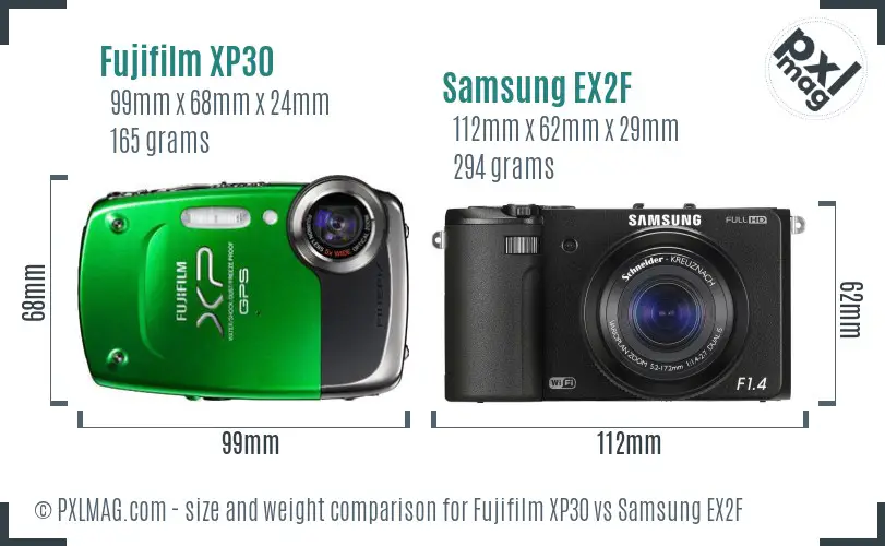 Fujifilm XP30 vs Samsung EX2F size comparison