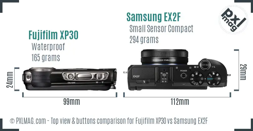 Fujifilm XP30 vs Samsung EX2F top view buttons comparison