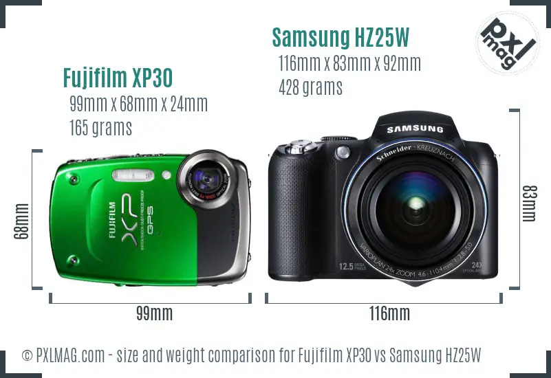 Fujifilm XP30 vs Samsung HZ25W size comparison
