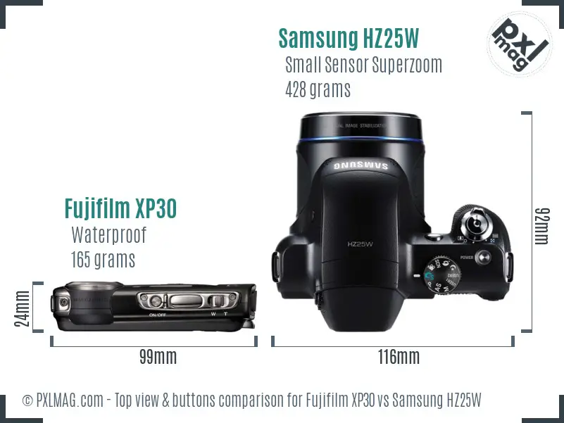 Fujifilm XP30 vs Samsung HZ25W top view buttons comparison