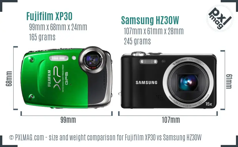 Fujifilm XP30 vs Samsung HZ30W size comparison