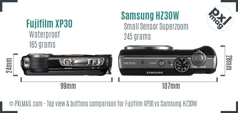 Fujifilm XP30 vs Samsung HZ30W top view buttons comparison