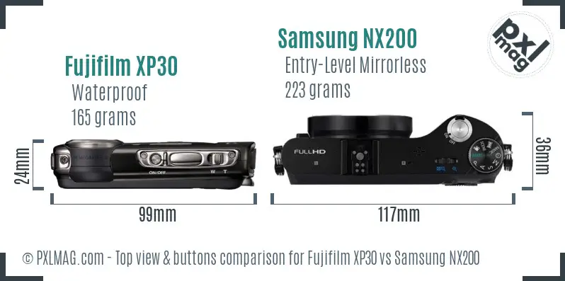 Fujifilm XP30 vs Samsung NX200 top view buttons comparison