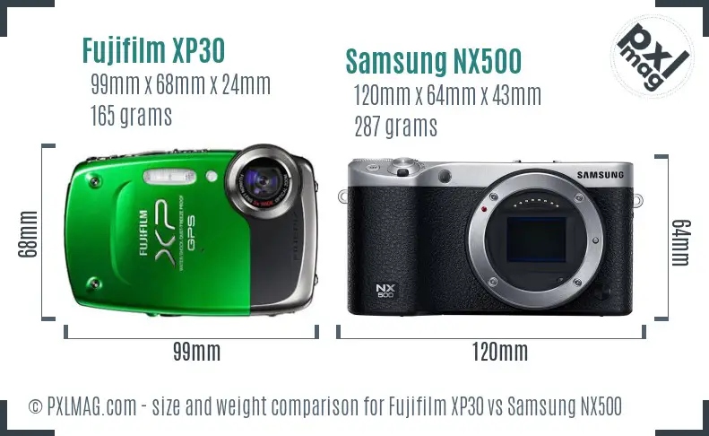 Fujifilm XP30 vs Samsung NX500 size comparison
