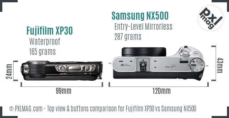 Fujifilm XP30 vs Samsung NX500 top view buttons comparison