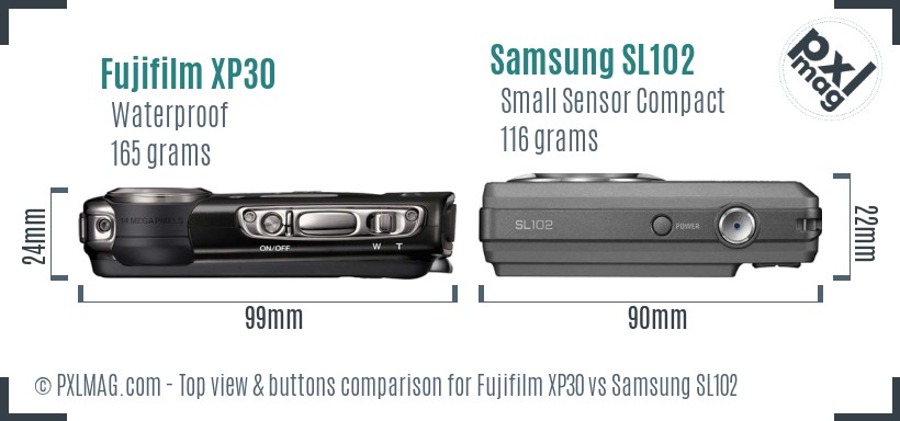 Fujifilm XP30 vs Samsung SL102 top view buttons comparison
