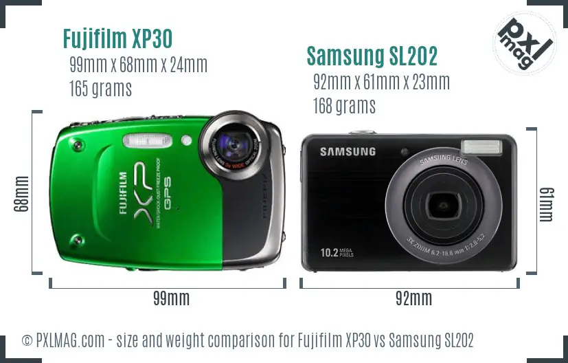 Fujifilm XP30 vs Samsung SL202 size comparison