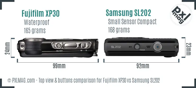 Fujifilm XP30 vs Samsung SL202 top view buttons comparison
