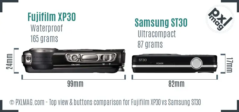 Fujifilm XP30 vs Samsung ST30 top view buttons comparison Fujifilm XP30 vs Samsung ST30 top view buttons comparison