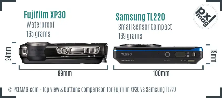 Fujifilm XP30 vs Samsung TL220 top view buttons comparison Fujifilm XP30 vs Samsung TL220 top view buttons comparison