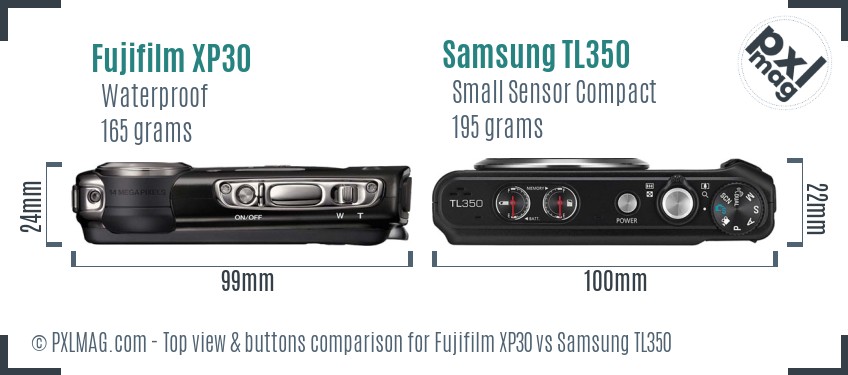 Fujifilm XP30 vs Samsung TL350 top view buttons comparison